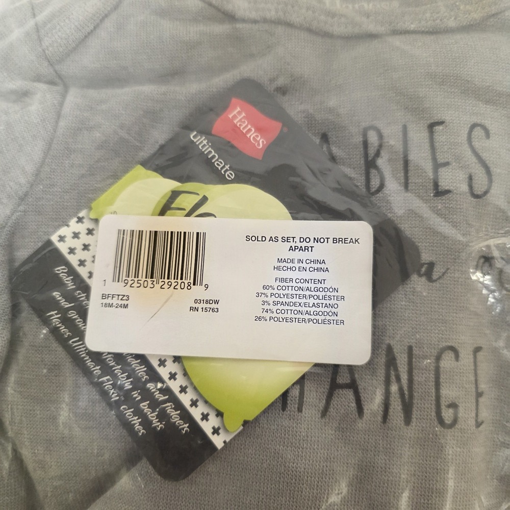 Boys size 18-24 month 3 piece outfit Hanes grey stripes hoodie shirt pants - Picture 2 of 4